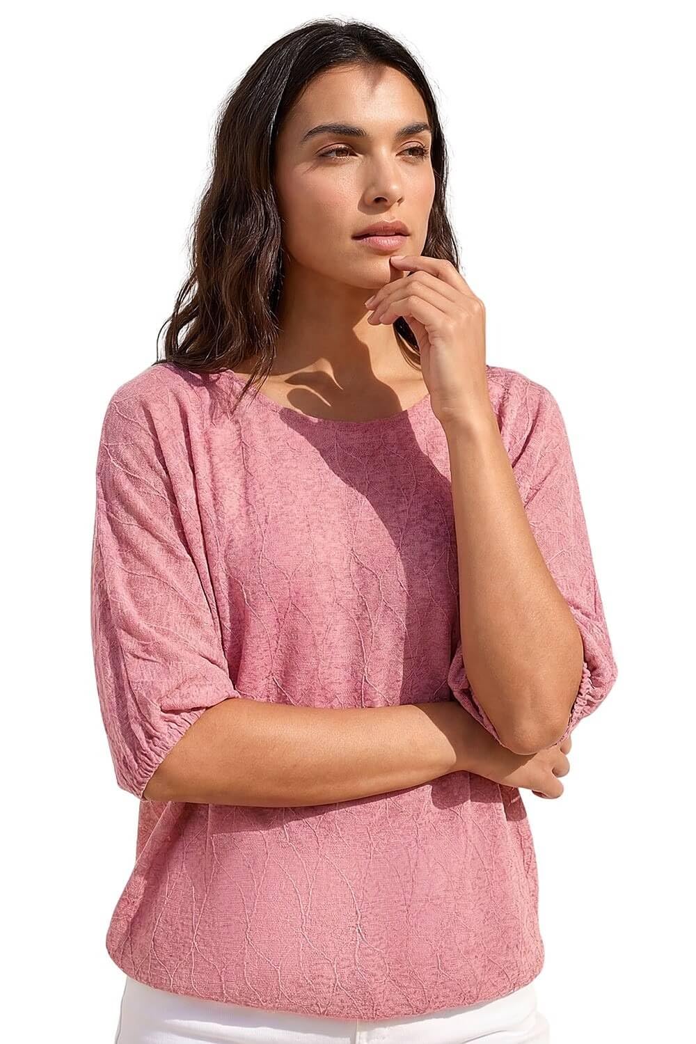 Roman Women's Pink Mesh Bubble Hem Stretch Top In Size 12