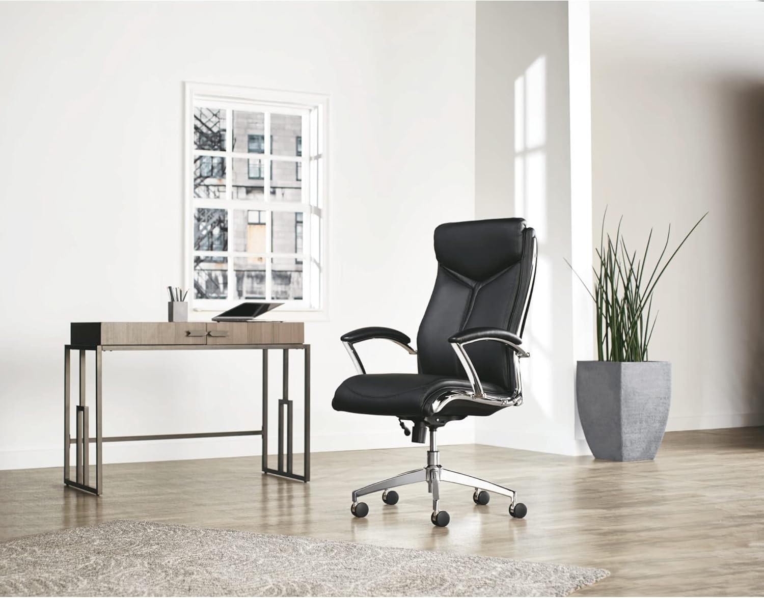 Realspace® - Chair - Modern Comfort Verismo Bonded Leather High-Back Executive Chair, Black/Chrome - 31" x 14" x 24.5"
