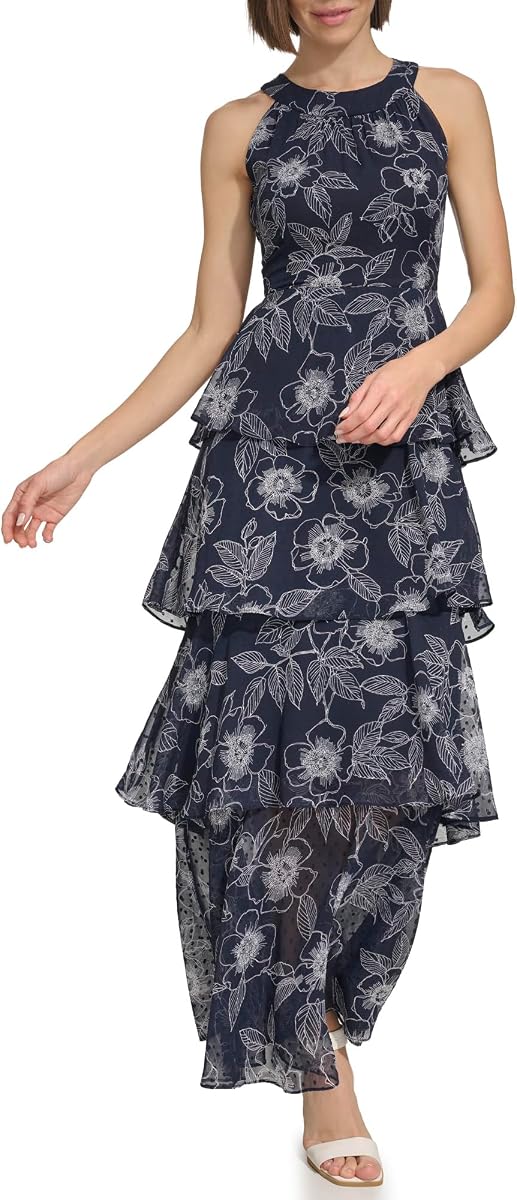 Tommy Hilfiger Maxi vestido sin mangas con cuello halter y falda escalonada para mujer