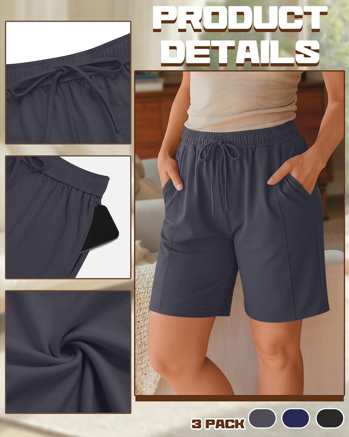 3 Pack Women's Plus Size Bermuda Shorts Wide Leg Elastic Drawstring Athletic Shorts Yoga Pants with Pockets