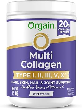 Orgain Hydrolyzed Multi Collagen Powder for Women & Men, 20g Collagen, Supports Hair, Skin, Nail & Joint Health, Type I, II, III, V, X, Vitamin C & Amino Acids, Non-GMO, Unflavored 21 Servings 15oz
