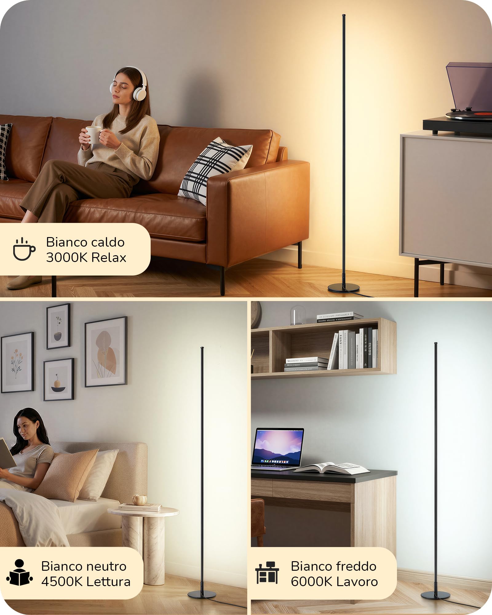 EDISHINE Lampada da Terra LED, Altezza Regolabile, 3000-6000K, Nero | 3 Temperature Di Colore & Dimmerazione Continua, Lampada Angolare Moderna Per Camera E Ufficio Fino A 152 cm