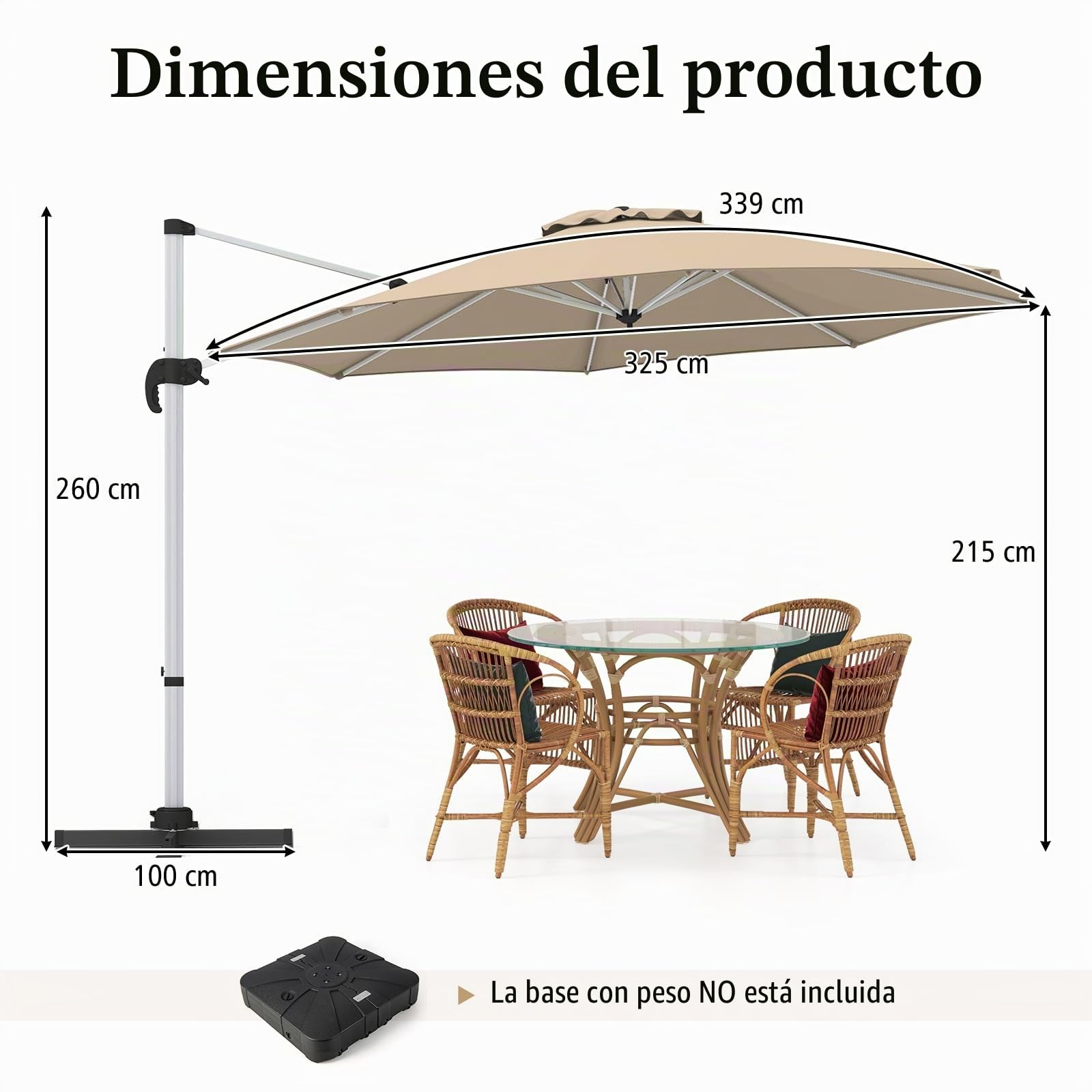 KOMFOTTEU Sombrilla Ø330 cm de Jardín, Sombrilla Giratoria 360° con Ángulo de Inclinación Ajustable, Parasol Cuadrado con Base Cruzada y 8 Varillas, Sombrilla de Terraza con protección UV