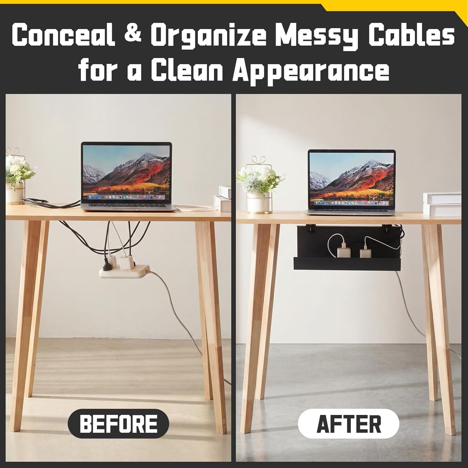 16×6×6 Inch No Drill Clamp-on Power Strip Cable Management Tray Under Standing Desk Steel Cable Organizer Wire Cord Tamer for Office, Home, Garage(Black)