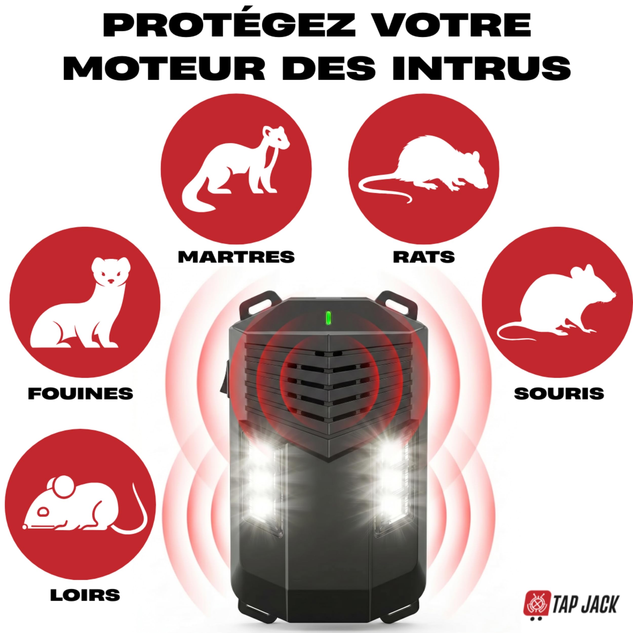 Répulsif À Ultrasons pour Voiture – Anti Fouine, Martre, Rat Et Souris – Double Action Ultrasons + Flash LED – Protection Compartiment Moteur – Fonction Start/Stop Intelligent