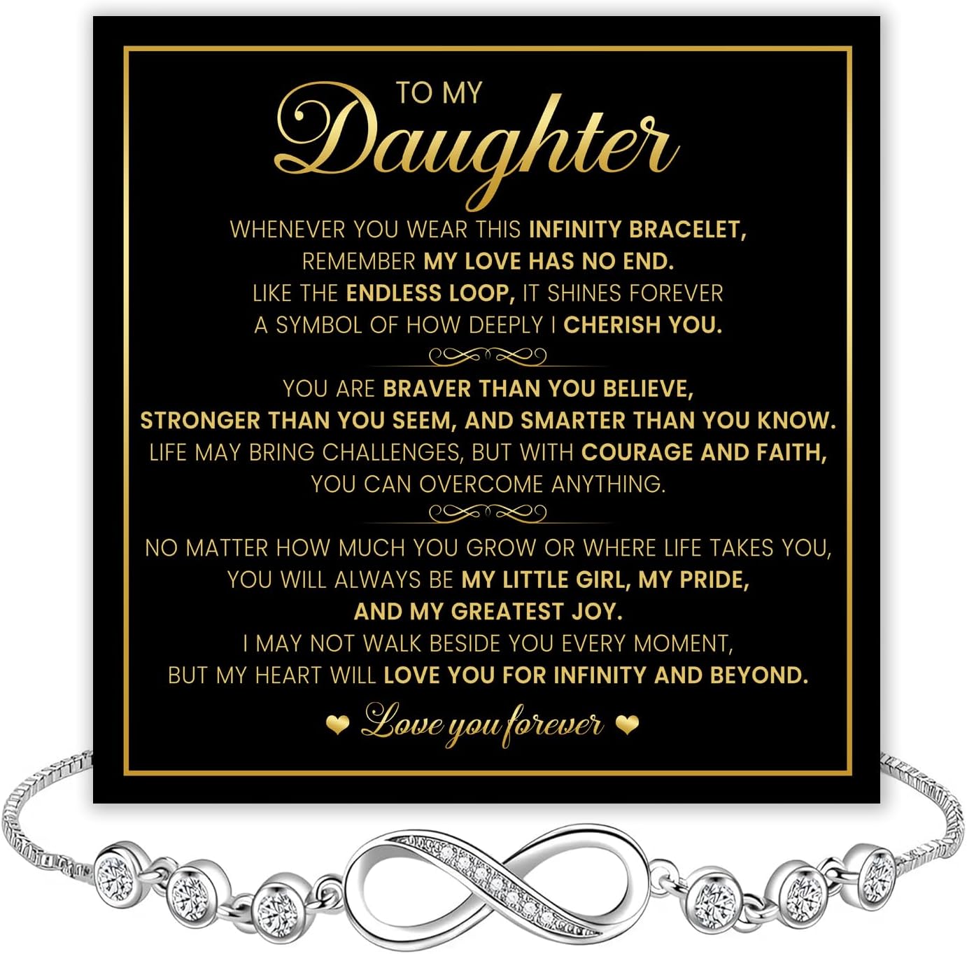 To My Daughter Infinity Bracelet from Dad and Mom – Symbol of Endless Love with Sparkling Cubic Zirconia, Elegant Gift Box Included, Meaningful Jewelry for Birthday, Graduation, Wedding, Christmas
