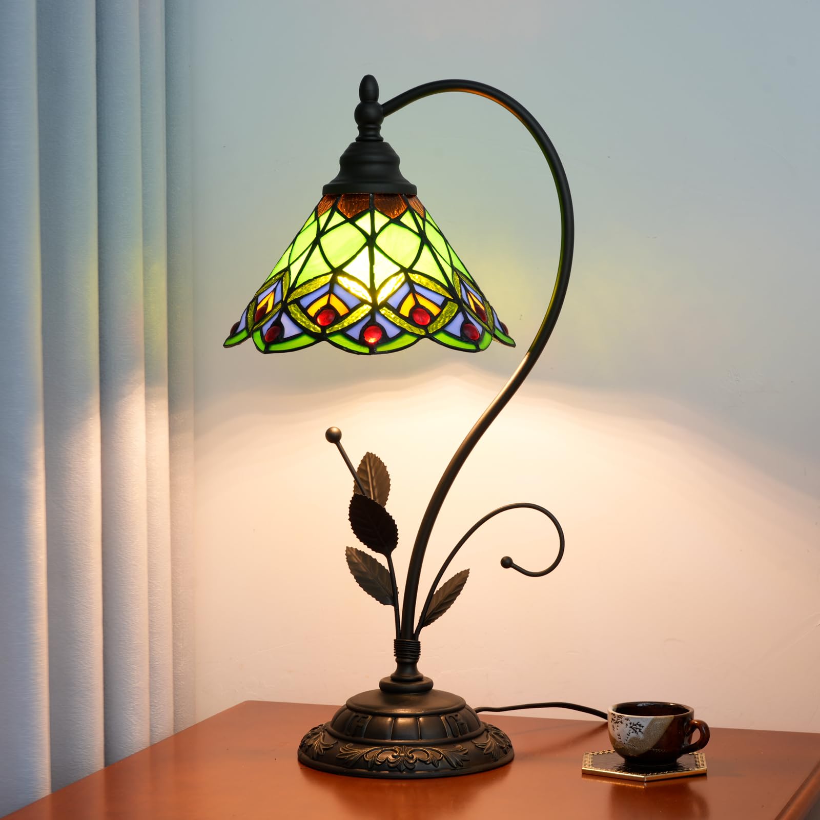 Lampa stołowa Tiffany Zielony ogon pawia Witrażowa lampa w stylu Tiffany S Liście Vintage Lampa biurkowa do sypialni, salonu, biura, akademika, jadalni