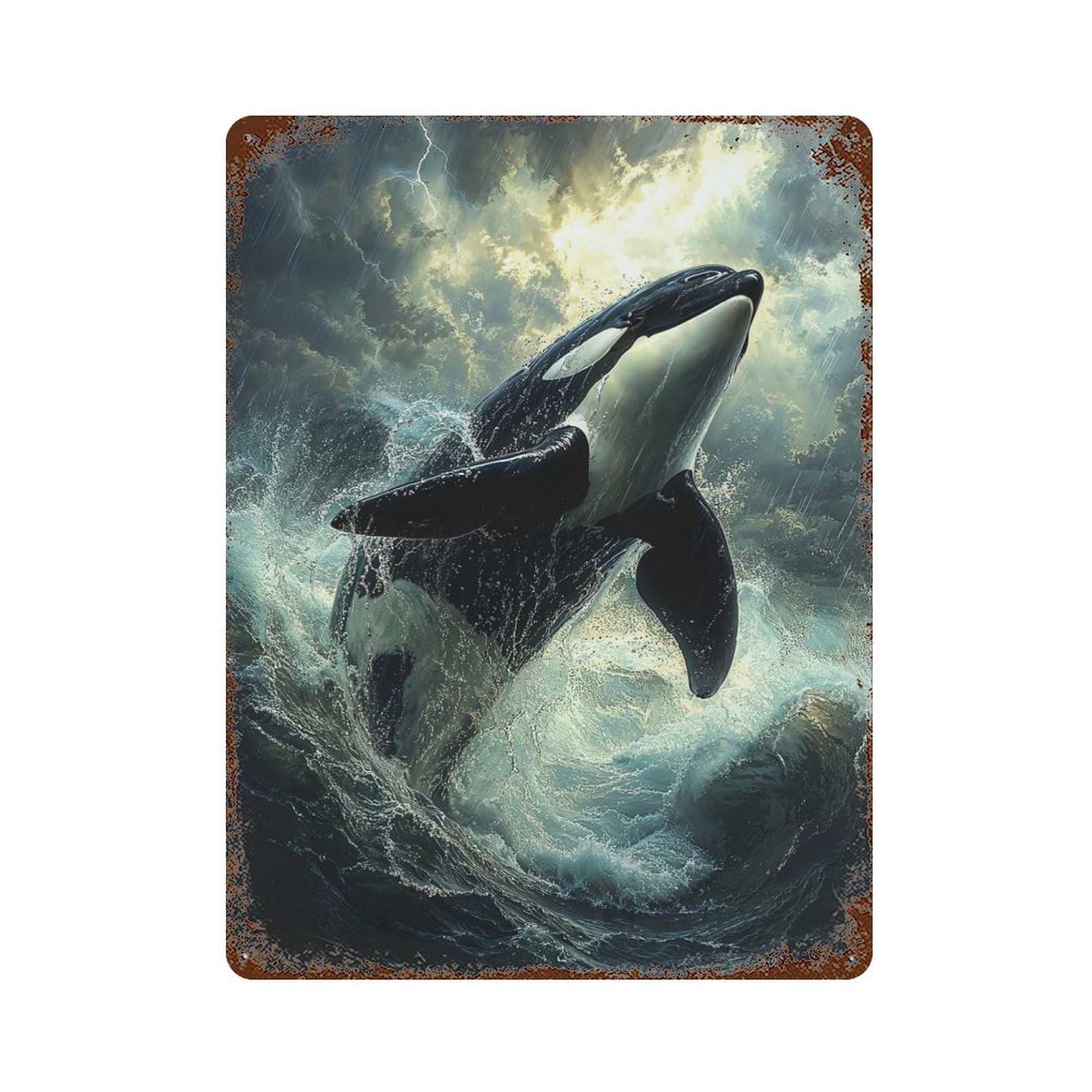 Distressed Metal Wall Sign Orca Leaping Storm 15.7"x11.8", Vintage Wall Decor for Garage, Bar And Workshop Decor