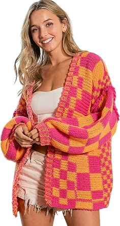 Irsutey Womens Cardigan Sweater Open Front Puff Long Sleeve Outwear Color Block Chunky Loose Slouchy Crochet Draped Coat