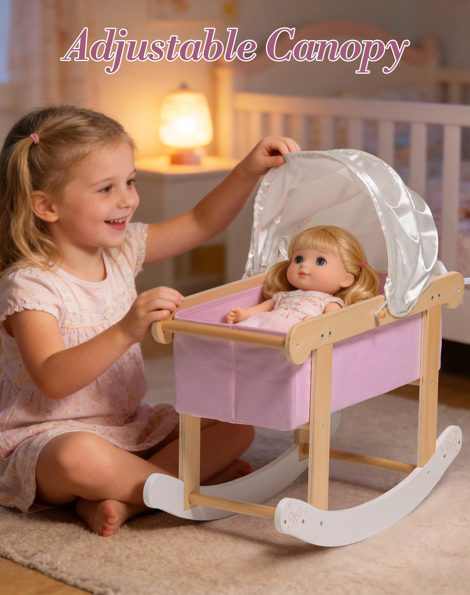 ROBOTIME Cuna de madera para muñecas de 18 pulgadas, color rosa