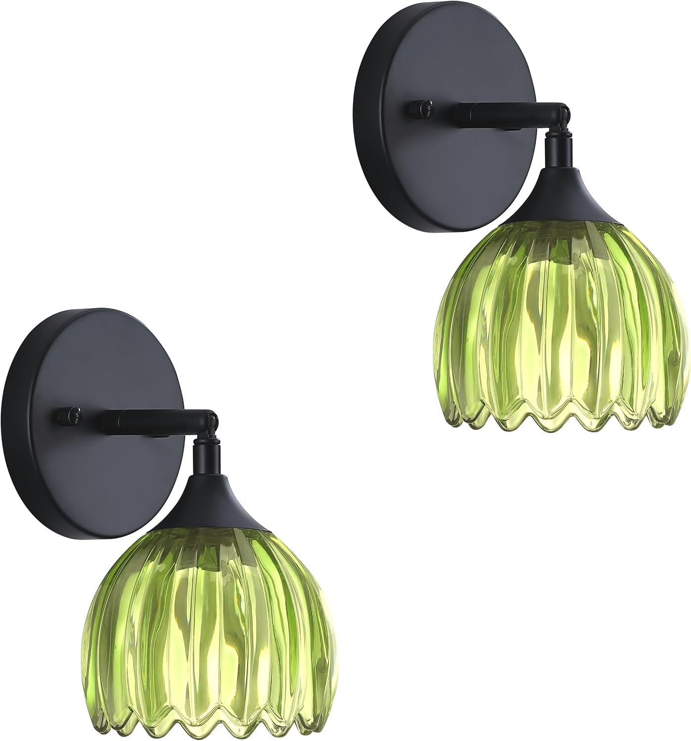 2 Pack 1 Light Vintage Wall Sconces Tulip Dark Green Glass Lampshade Modern Black Wall Lighting Fixture for Bedside Bedroom Doorway