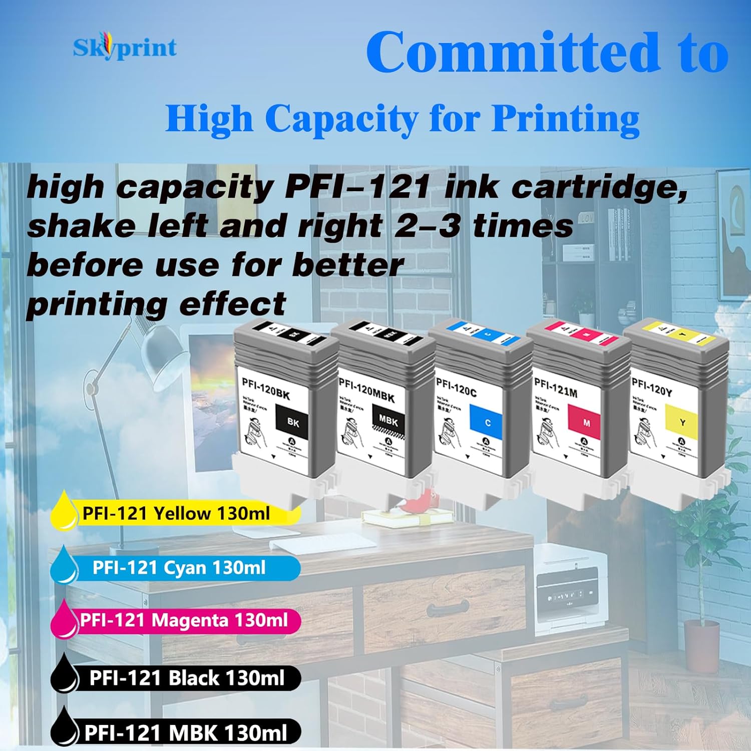 SkyPrint TM-250 Ink PFI121 Pigment Ink Tank Set Compatible with Canon PFI-121 PFI-121M PFI-120MBK PFI-120BK PFI-120C PFI-120Y use for Canon imagePROGRAF TM-250 TM-255 TM-350 TM-355 Printer Ink Tank