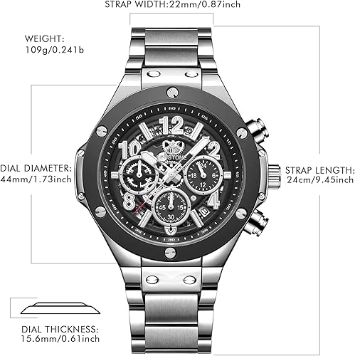 Miniatura 4 de SENSETONE Mens Watches Quartz Movement Chronograph Stainless Steel Black Strap Fashion Business Sport 30M Waterproof Big Dial Wristwatch Elegant