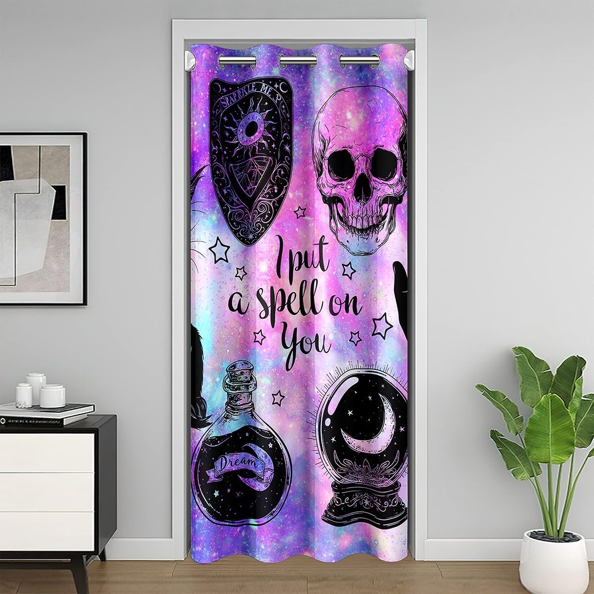Exotic Cat Skull Door Curtain Gradient Galaxy Blackout Curtain Boho Hippie Constellation Doorway Curtain for Kids Teens Adults Magical Hand Door Drape 60" W X 80" L