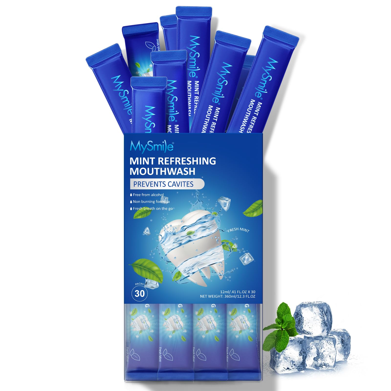 MySmileMouthwash Alcohol Free, Mouth Wash for Adults, Travel Mouthwash Helps Kill 99% of Bad Breath Germs, Prevents Cavities, Fluoride Free, Fresh Mint, 30 Uses
