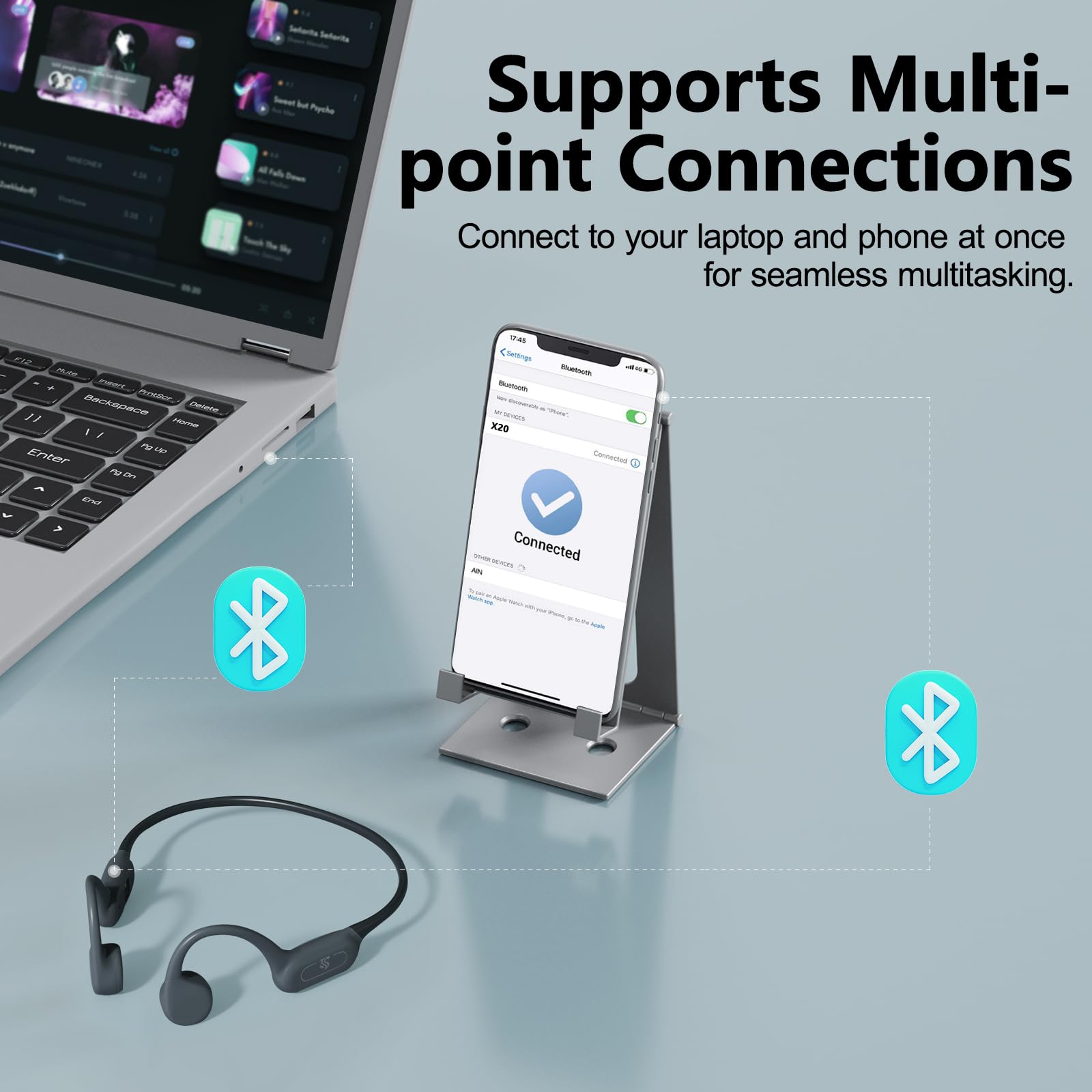 Cuffie a conduzione ossea IPX8, impermeabili, per nuoto, con modalità MP3, memoria da 32 GB, durata di riproduzione 8H, auricolari Bluetooth 5.4, vestibilità sicura per corsa e fitness (grigio