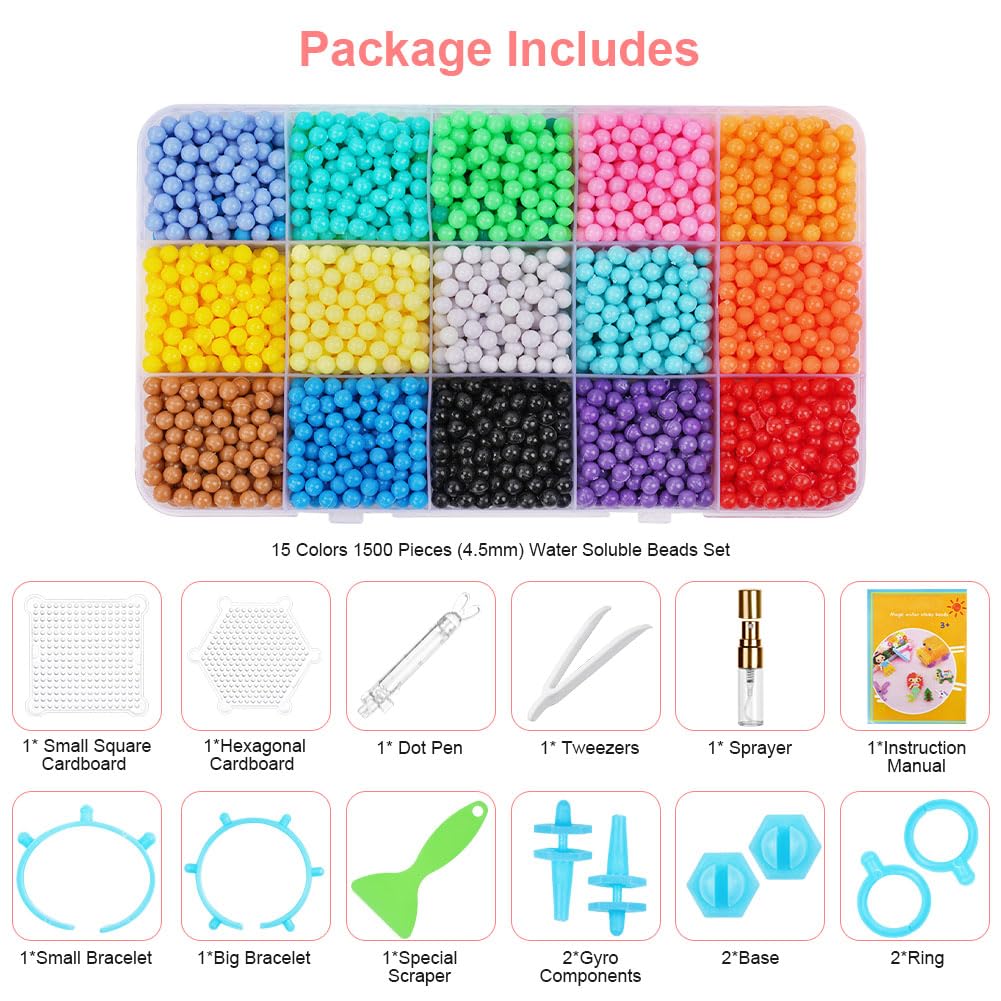 AUAUY Zestaw koralików z bezpiecznikiem wodnym, 1500 szt., 15 kolorów, nietoksyczne magiczne koraliki dla dzieci, do samodzielnego napełniania, puzzle do samodzielnego wykonania, zabawki edukacyjne