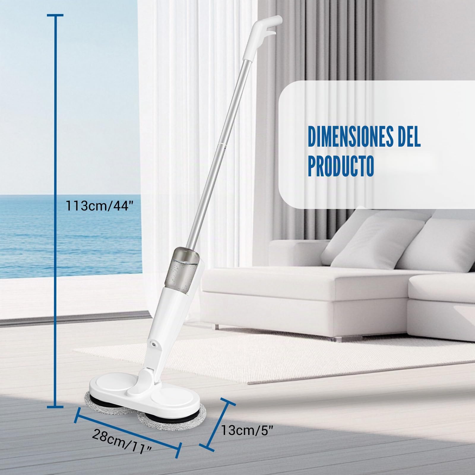 Mopa eléctrica inalámbrica de 7.4 V 2000 mAh, batería de litio de 200 ml, tanque de agua de 1 hora de funcionamiento, trapeador seco y húmedo, color blanco, 113 x 28 x 13 cm