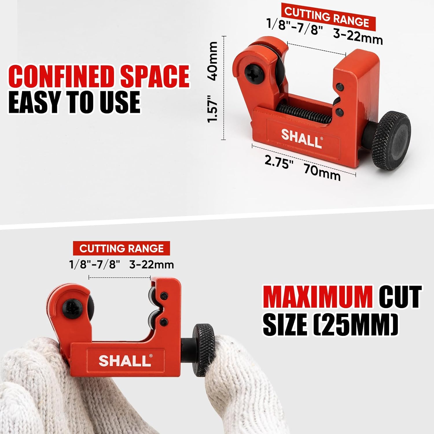 Image showing the compact size of the mini tube cutter and its cutting range of 3-22mm, suitable for confined spaces.