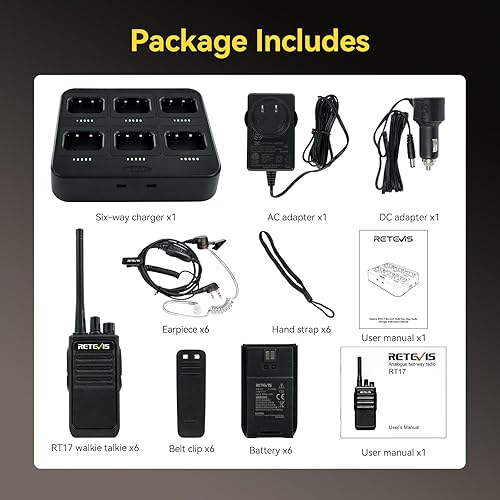 Miniatura 9 de Retevis Walkie Talkies RT17 para adultos, Walkie Talkies resistentes con auricular, con cargador multibanda de 6 vías, radio de 2 vías de largo
