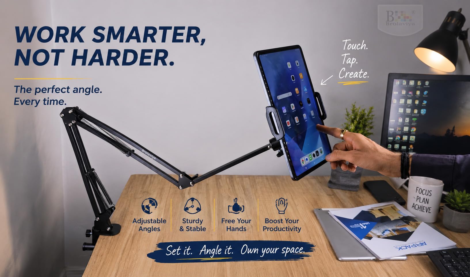 BROLAVIYA Overhead Video Mobile and Tablet Stand, New Extra Long Arm, 1/4" Head 2 Way Base clamp, and Brackets for Mobile Phone and Tablet, for Overhead Video, Desktop, Bedroom, Office, Black 1