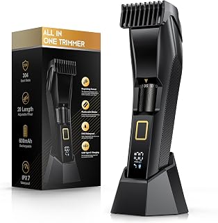 NAUQUOHZ Men's Beard Trimmer: 20 Length Settings, Stainless Steel T-Blade, Cordless IPX7 Waterproof, 90min Battery, LED Display