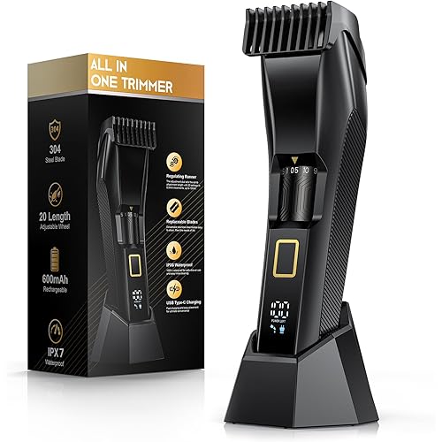 Men's Beard Trimmer-All-in-One Mustache Trimmer for Men with 20 Length Adjustable, Stainless Steel T-Blade for Precision Facial Hair Trimming Cordless IPX7 Waterproof Wet/Dry Clipper,LED Display