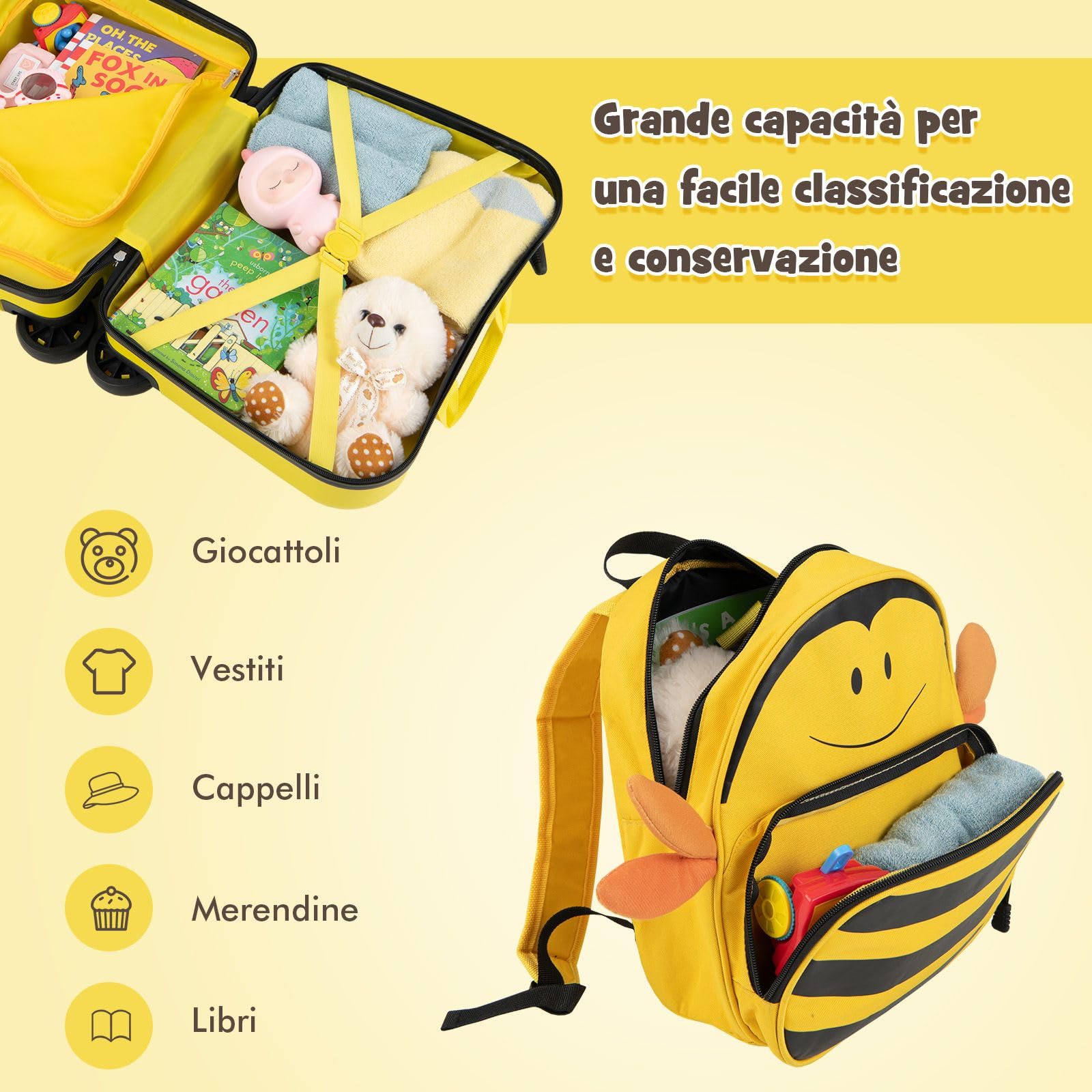 RELAX4LIFE Set Valigia Cavalcabile/Trolley per Bambini 18‘’ con Zaino 12‘’, 4 Ruote Girevoli, Maniglia Retrattile 56cm, 2 Cingie Multiuso, Zaino: 26x30cm/Trolley:47x26,5x36,5cm (Giallo)