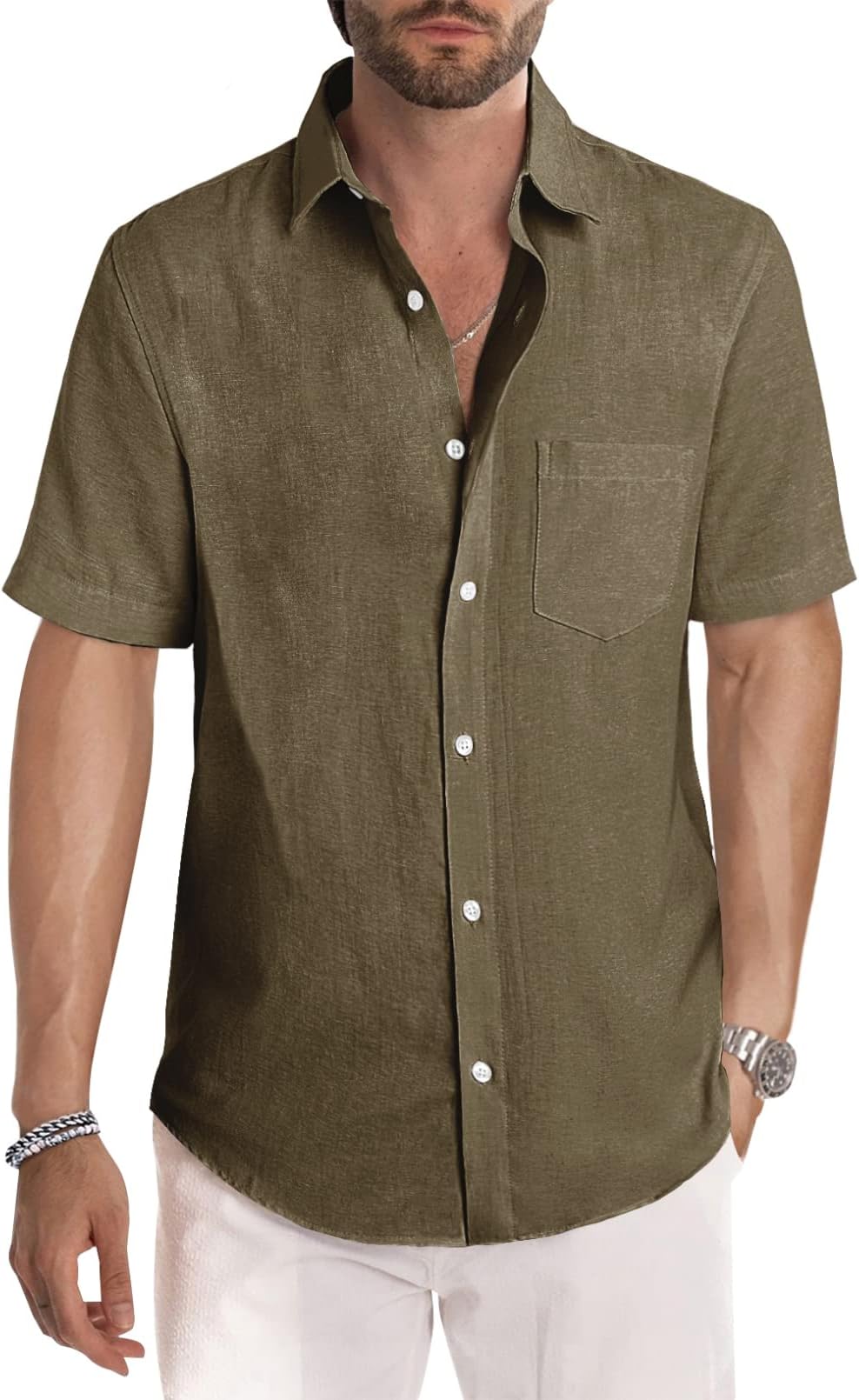 Men's Casual Stylish Short Sleeve Button-Up Striped Dress Shirt Cotton Beach Shirts