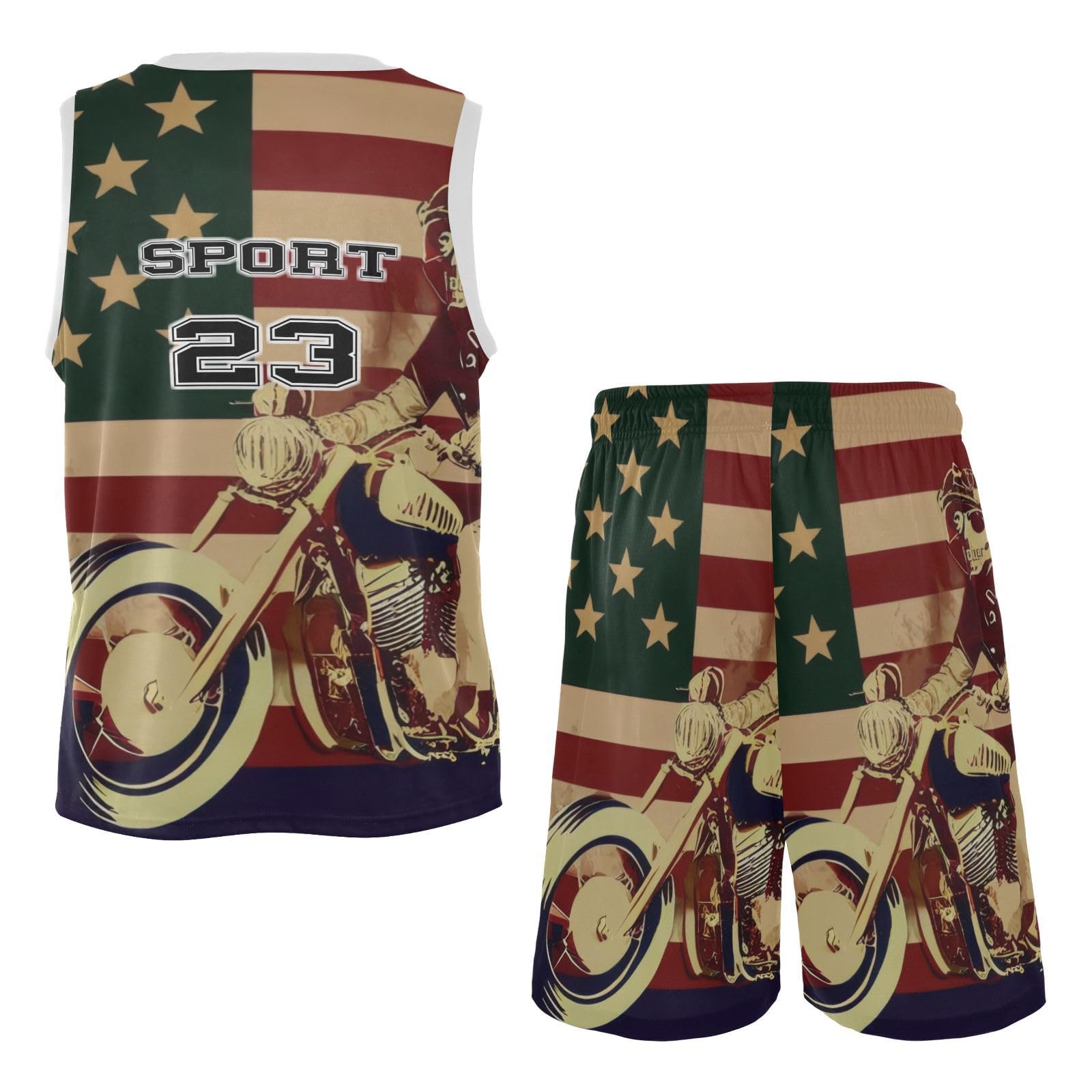 FLildon Skull Motorcycle American Flag Boys Basketball Jersey Set Tank Top Shorts Tracksuit Sport Training Suit for Kids, S