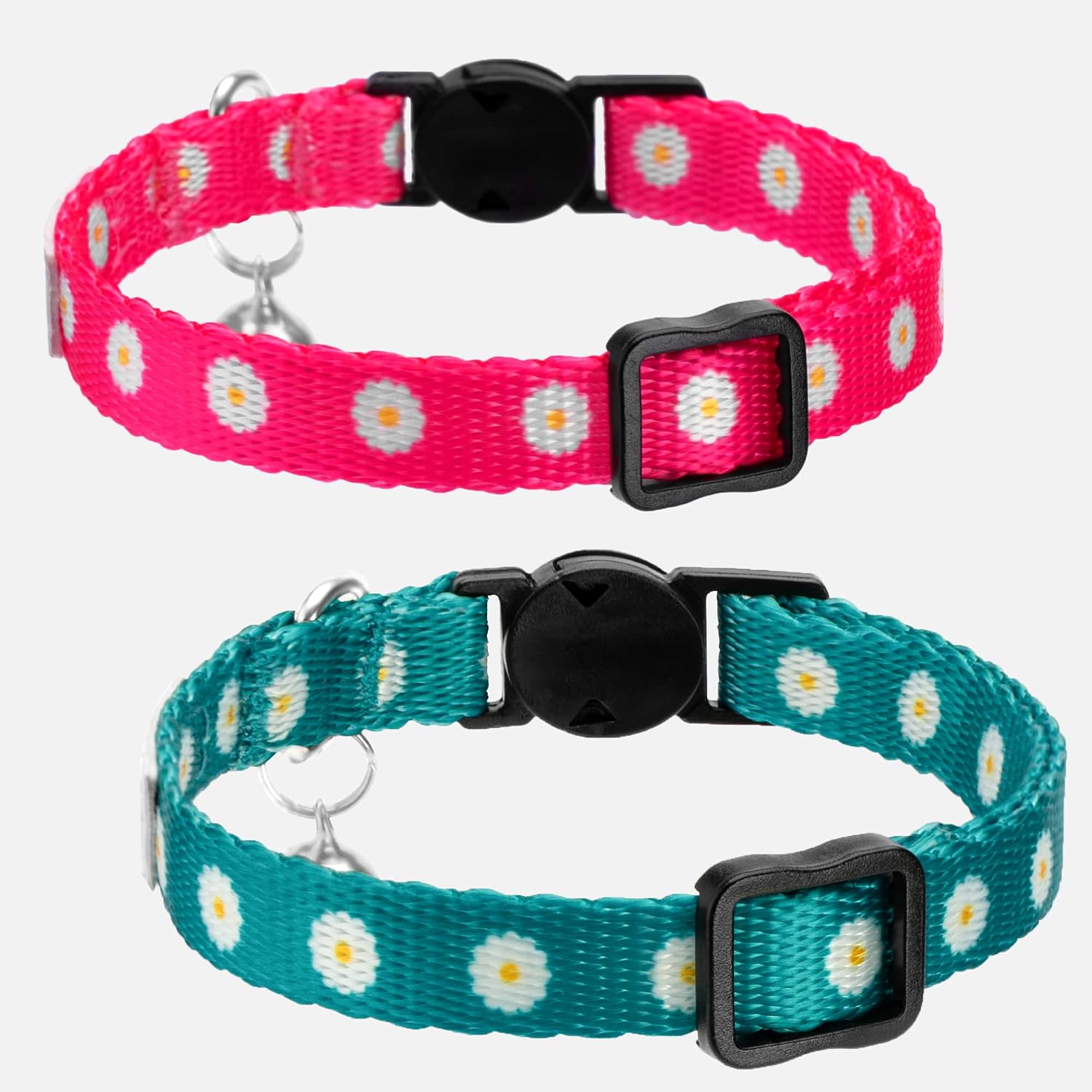 CollarDirect Cat Collar with Bell Floral Pattern 2 Pack Set Flower Adjustable Safety Breakaway Collars for Cats Kitten (Pink + Green)