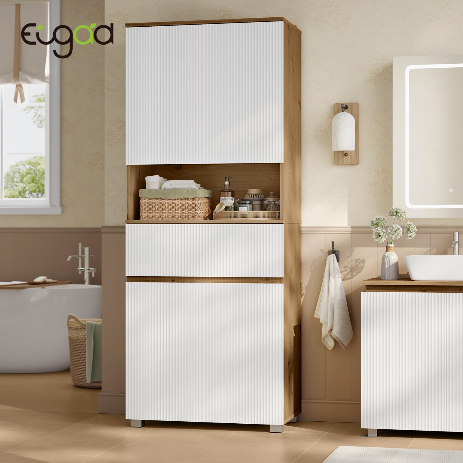 EUGAD Badezimmerschrank hoch, Badschrank, Mit 4 Türen, 1 offenem Fach, 1 Schublade, verstellbaren Einlegeböden, 70 x 176,5 x 40 cm, für Bad Wohnzimmer Küche, Weiß+Holzoptik