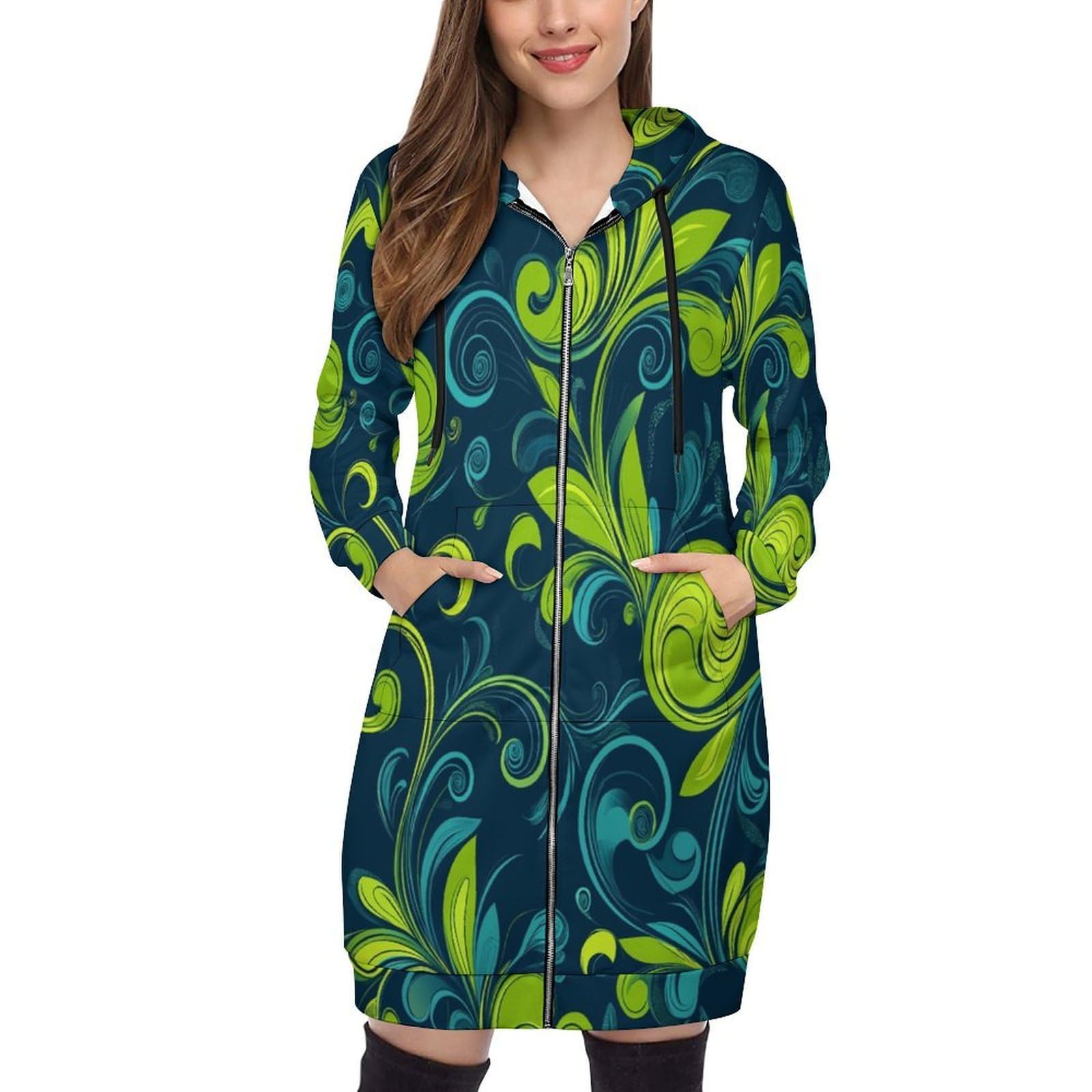 Felpa Donna con Zip Felpe Sportiva con Tasche E Cappuccio Vortici Verde Limone Morbida Invernale Giacca Regolabile Confortevole per Uso Quotidiano Casual