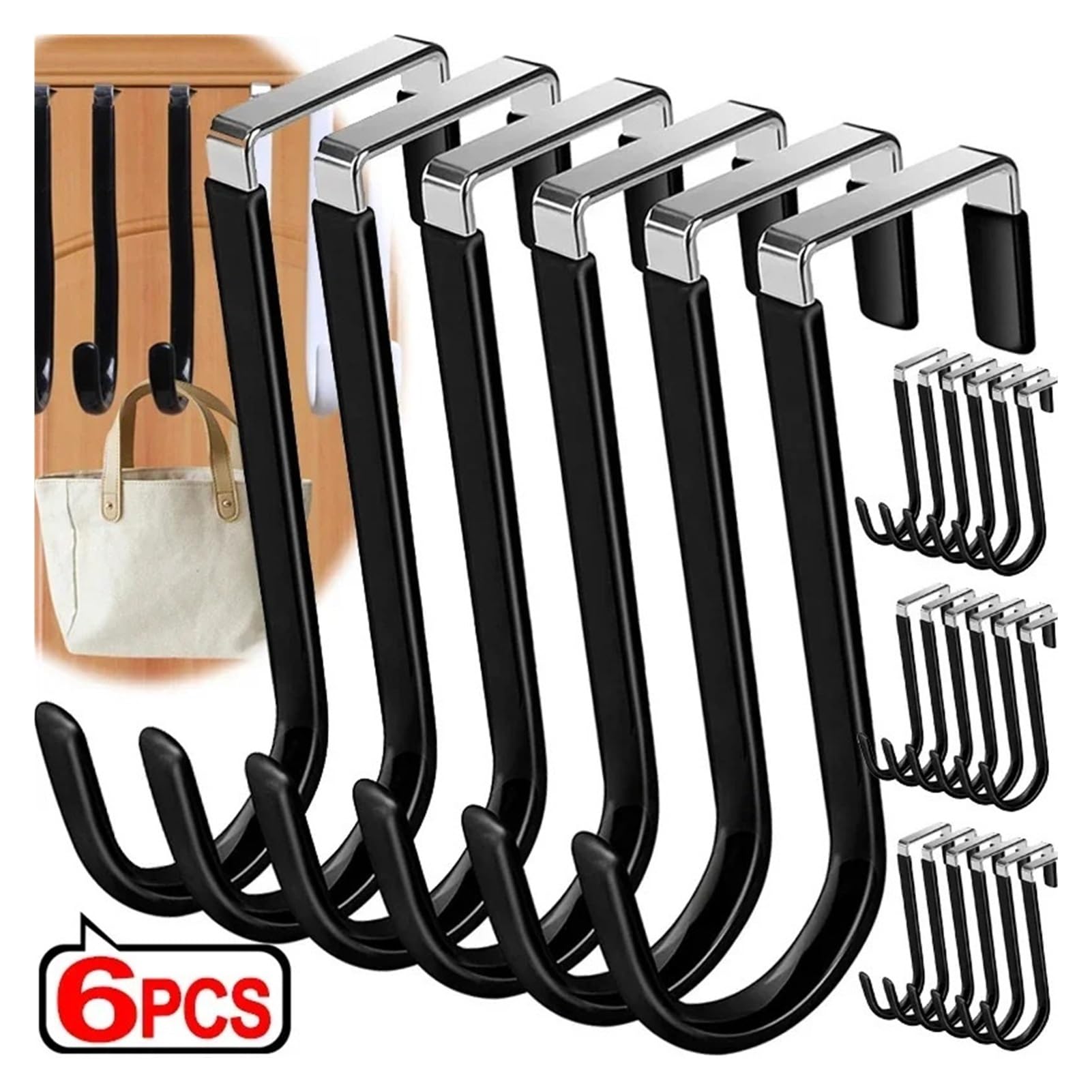Ganchos para colgar en la puerta Ganchos de acero inoxidable en forma de S for puerta de armario, sin perforaciones, for el hogar, la cocina, el baño, abrigos y toallas.(Black,6pcs)