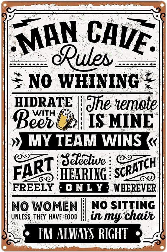 Letrero de reglas de la cueva de hombre, divertido decoración de cueva de hombre, retro, de metal, letreros de metal Mancave para hombres,