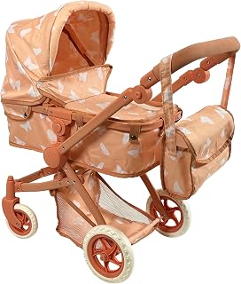 2-in-1 Convertible Baby Doll Stroller for Girls 3+ | Folding Bassinet Buggy with Canopy, Storage & Thick Wheels - Beige Butterfly
