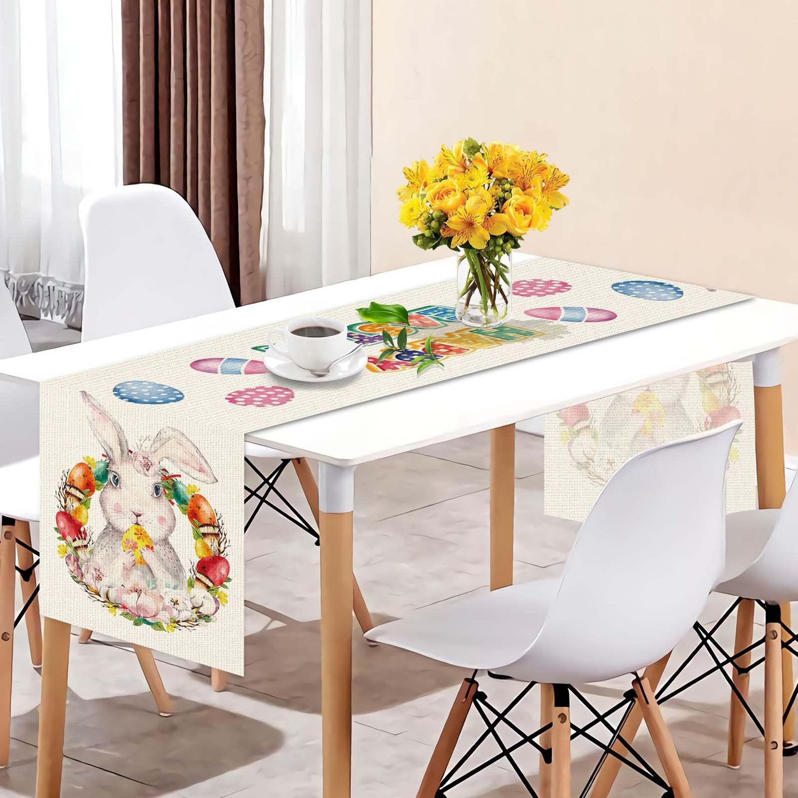 Runner Da Tavolo Pasquale 40x140 Cm – Bianco Crema Con Applicazioni Gallo E Galline E Ricami Uova Colorate – Tovaglia Rustica In Poliestere Lavabile