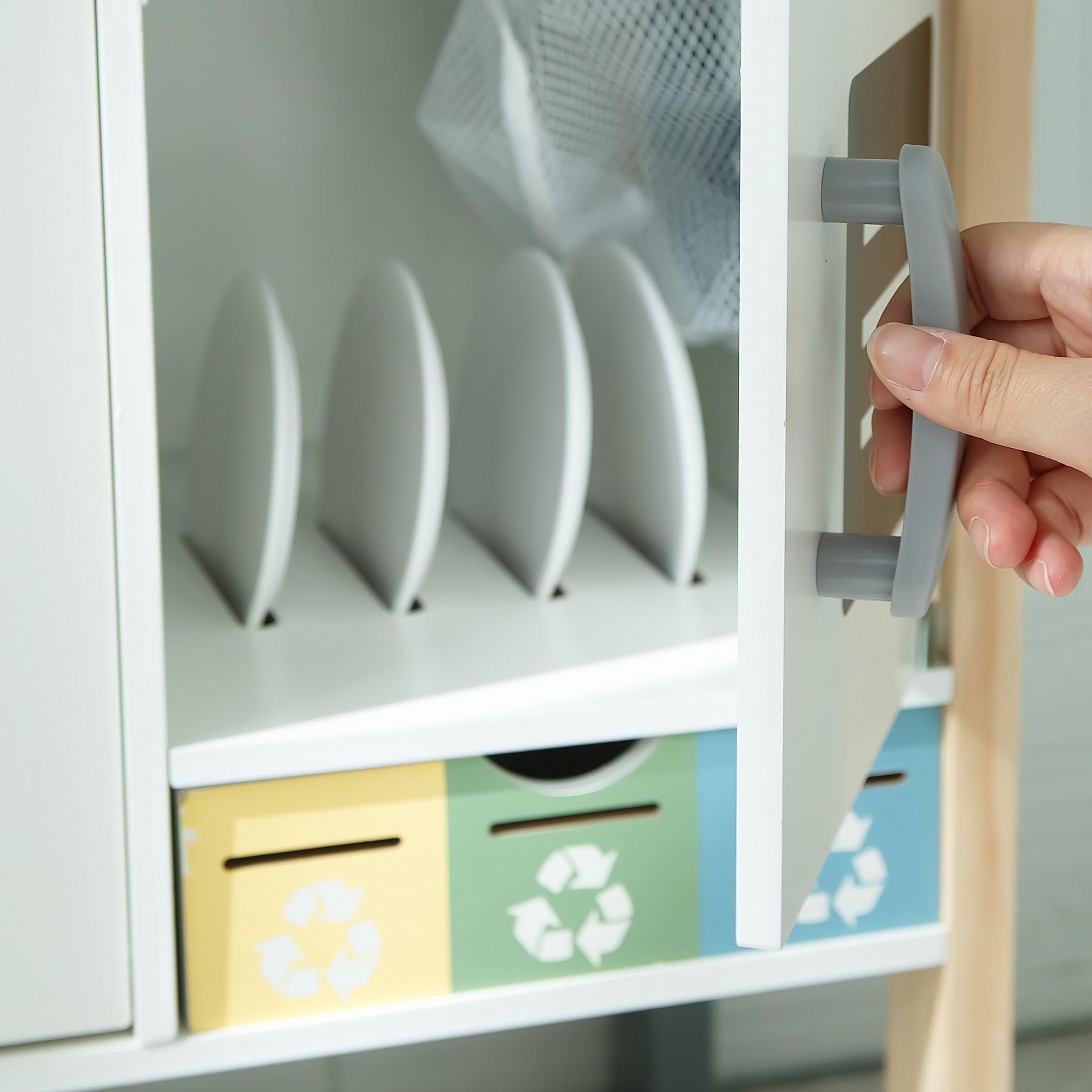 Mamabrum Cuisine en Bois Montessori Interactive – Plaque sonore & Lumineuse, Micro-Ondes, Lave-Vaisselle, Lave-Linge, Tableau Noir, Accessoires – Hauteur réglable dès 3 Ans