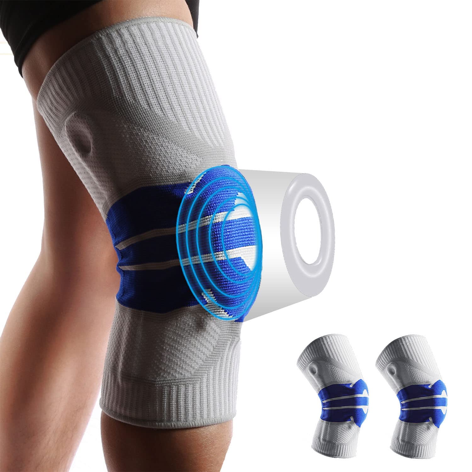 2Pcs Knee Patella Brace Silicone Spring Knee Pad Fitness Training Compression Knee Sleeve Support Sports Kneepads Brace Protector (Medium)