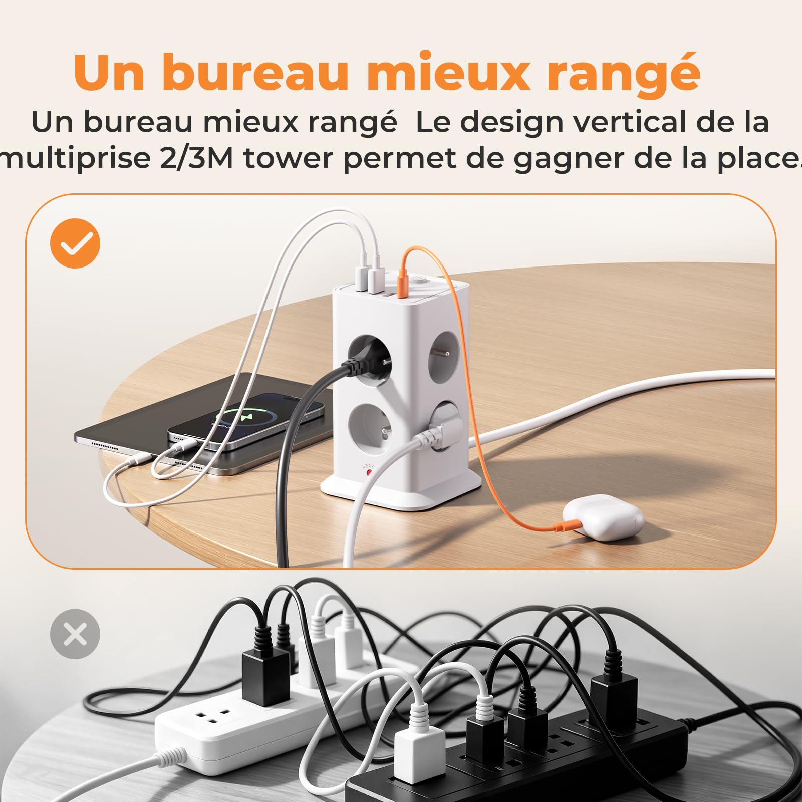 12-in-1-Mehrfachsteckdose mit Schalter, Steckdosenleiste mit 8 AC-Steckdosen mit 4 USB-Anschlüssen, Steckdosenleiste Überspannungsschutz und Überspannung mit Schalter, 3680 W, Kabel 3 m, für Haus