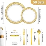 350 Ensemble de vaisselle pour le mariage & La fête,50 Plaques en plastique design de dentelle,50 Argenterie en plastique,50 Des tasses,50 Linge de maison comme des serviettes,50 Ensemble de diners jetables pour invités (or) (Or)