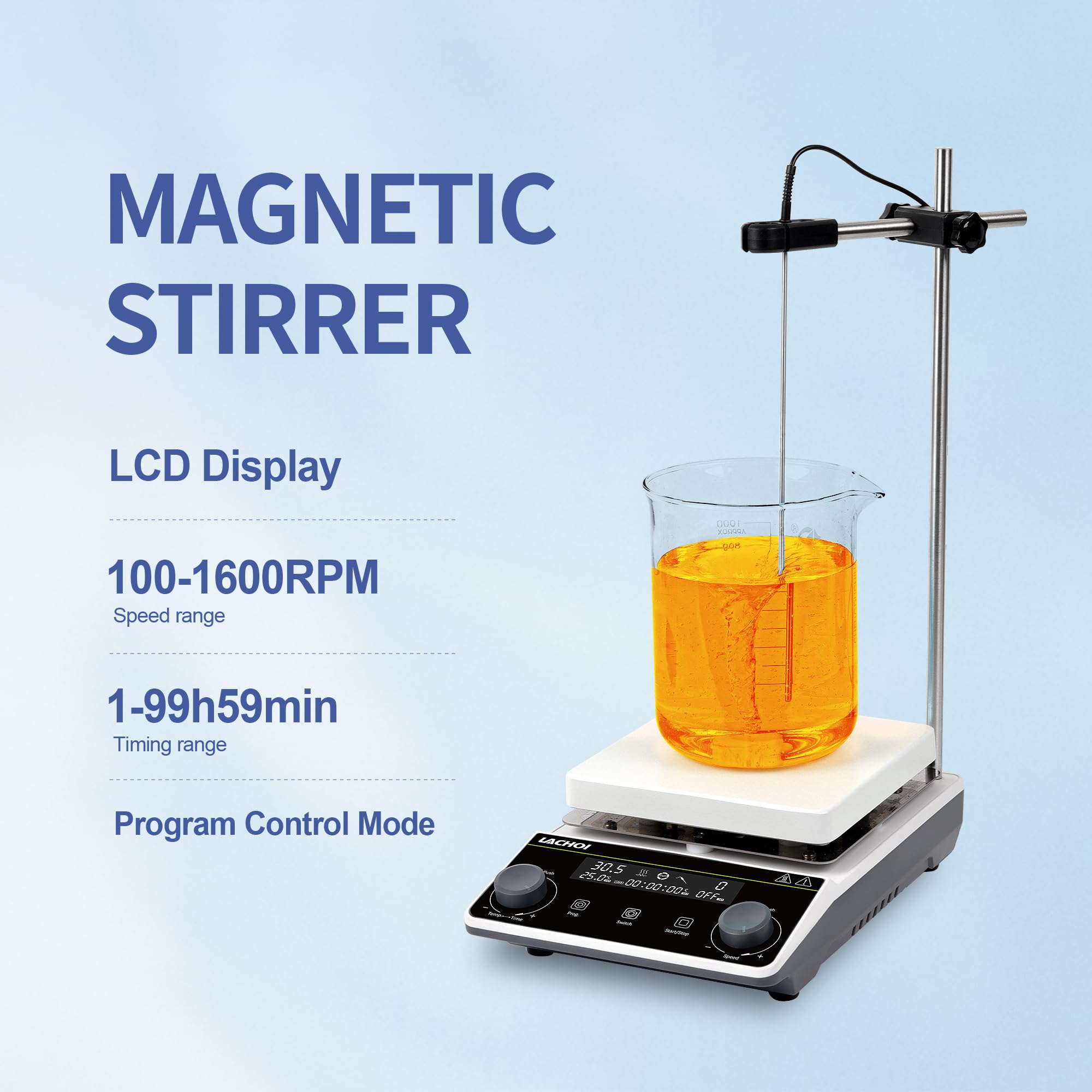 Agitador magnético de placa caliente, pantalla LCD, 300 ℃ máx. 5 L, placa de agitación magnética de 1600 rpm, mezclador magnético, agitador magnético de placa caliente con barra de agitación y