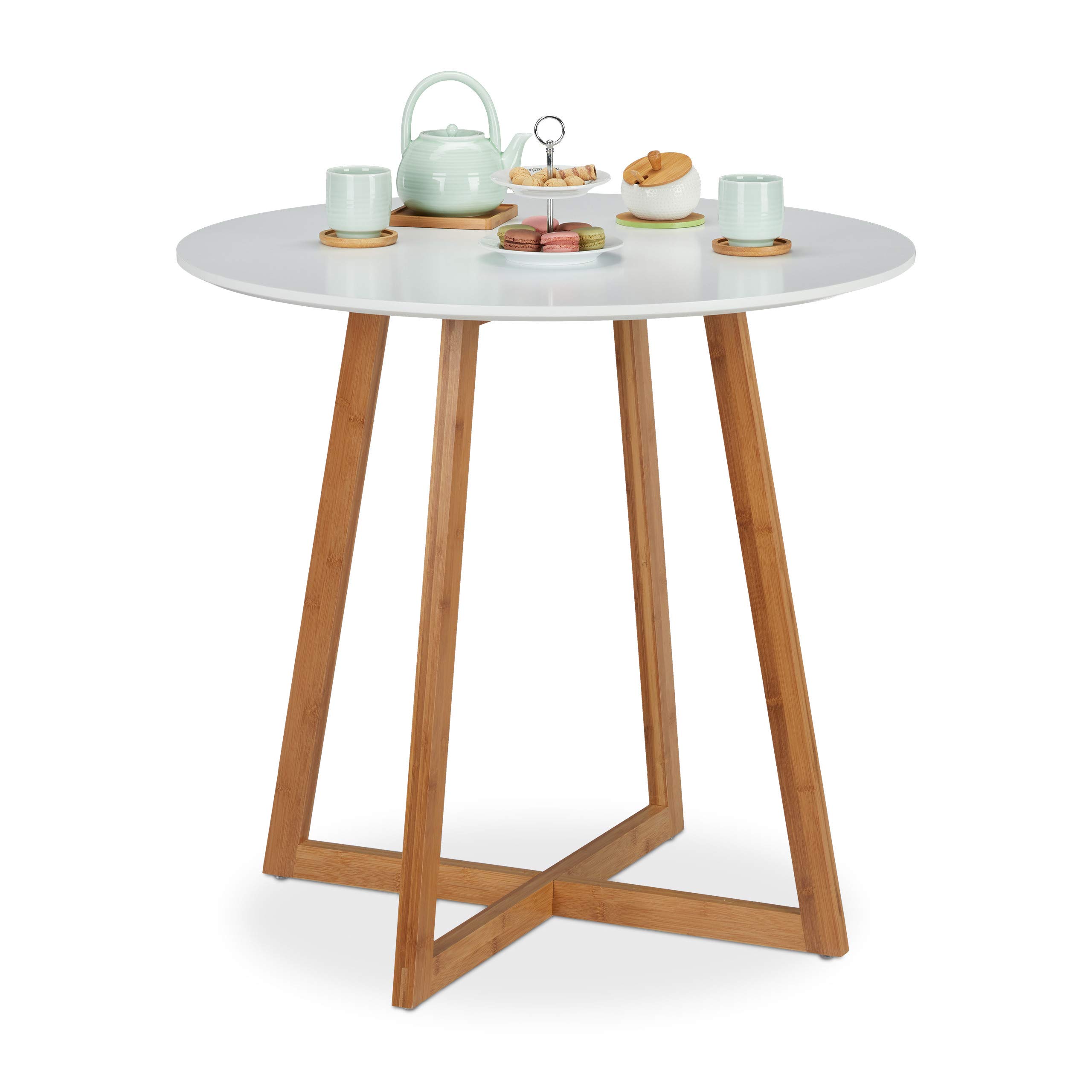 Relaxdays Mesa Comedor Redonda Nórdica, Mesa Cocina para 2, Bambú-​DM, 75x80 cm, Blanco-​Marrón