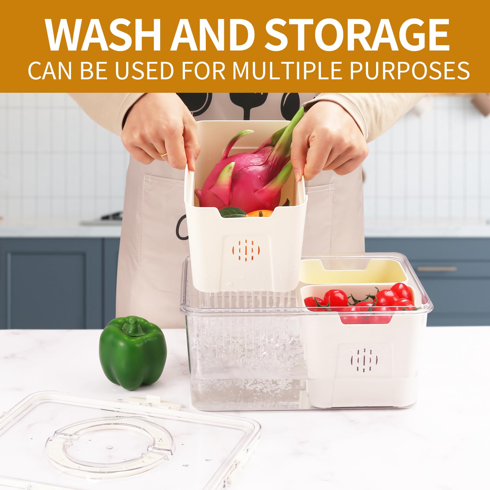 Contenitori ermetici per alimenti con coperchi e manico, contenitori per frigorifero con 3 scolapasta rimovibili, organizer da cucina e stoccaggio, essenziali per appartamenti, contenitore per frutta