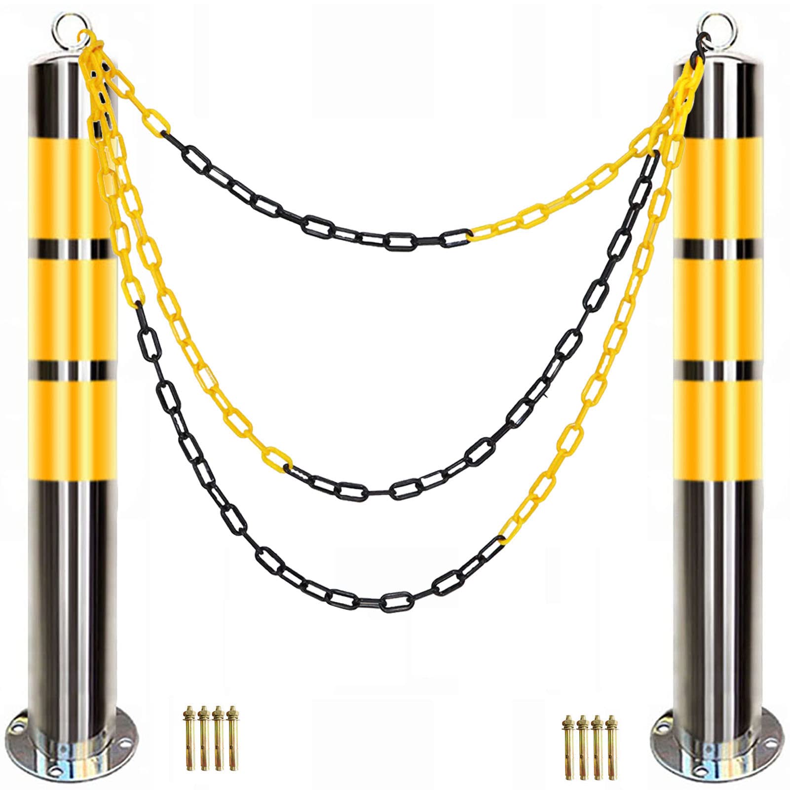 Bolardo de 2 piezas con cadenas y pernos de anclaje, conos de tráfico de acero inoxidable industriales, postes de señalización, bolardo de seguridad para uso comercial o privado (800 mm de alto x 76 m