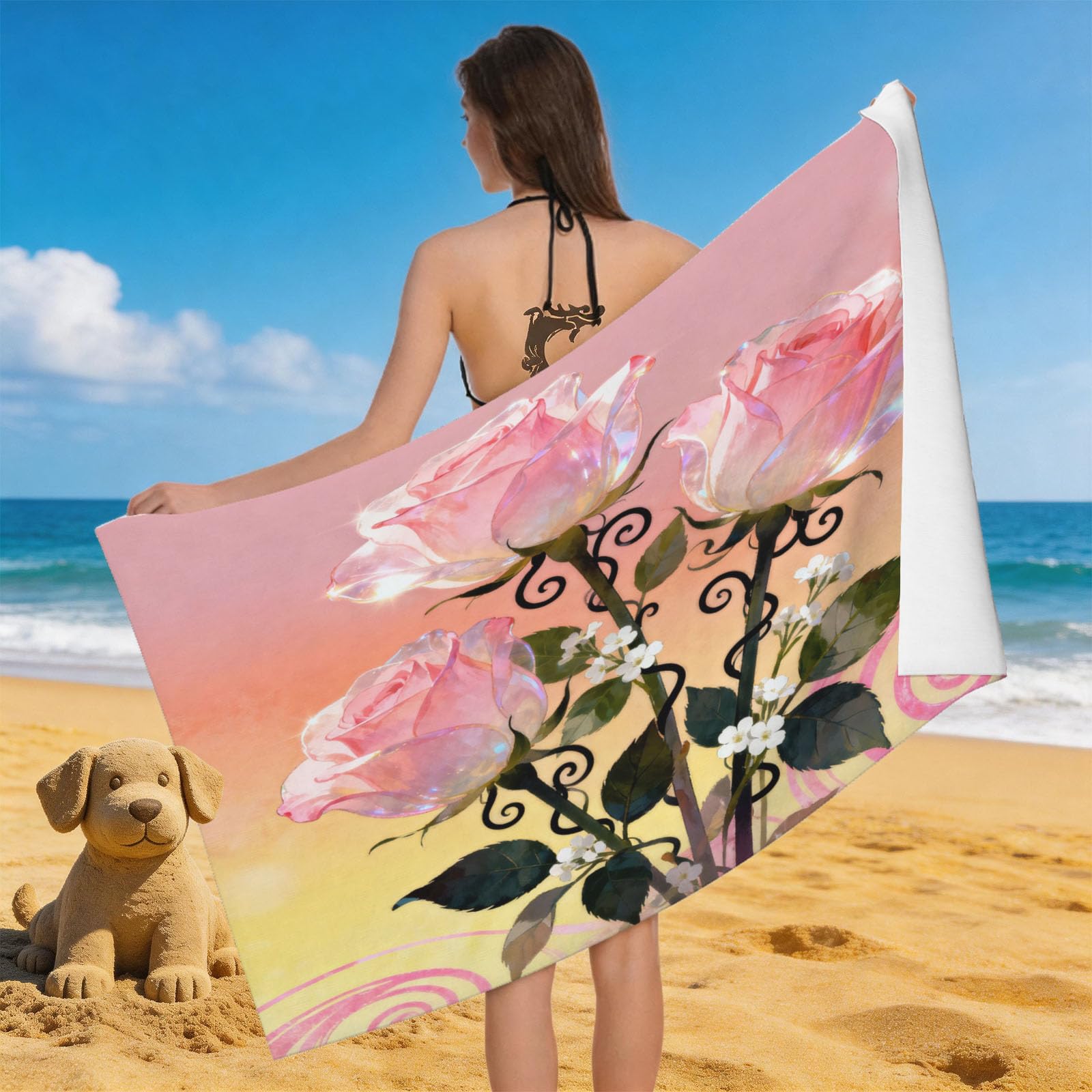 Leichong 3D Pink Rose Beach Towel Microfiber Soft Quick Dry for Adults, Dreamy Rose Bath Towel Lightweight Soft Absorbent for Travel Swimming Pool Sports, 75 x 150 cm