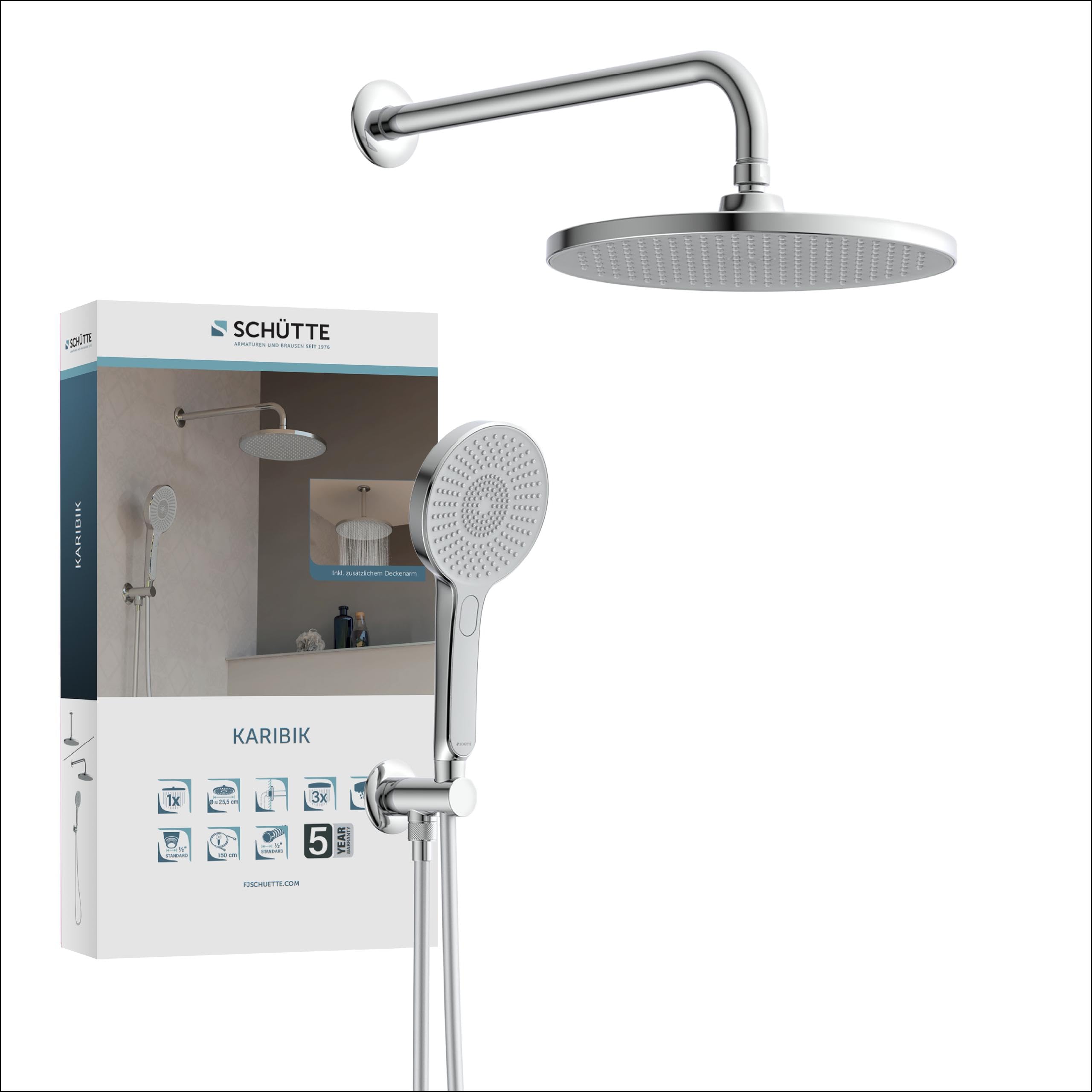 SCHÜTTE KARIBK Unterputz-Duschsystem, Unterputz-Duschset mit großer Regendusche (Ø 26 cm) und verstellbarer Handbrause, Brauseset mit Samtstrahltechnologie, Kopfbrause aus Edelstahl, Chrom