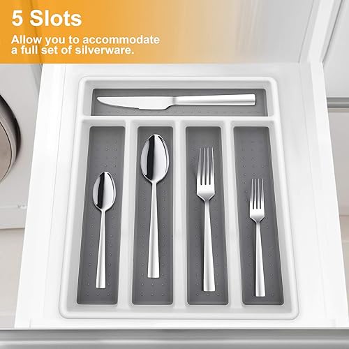 Miniatura 5 de E-far Organizador de cubiertos, bandeja de cubiertos de plástico para cajón, soporte para utensilios de vajilladivisor para cocina con 5