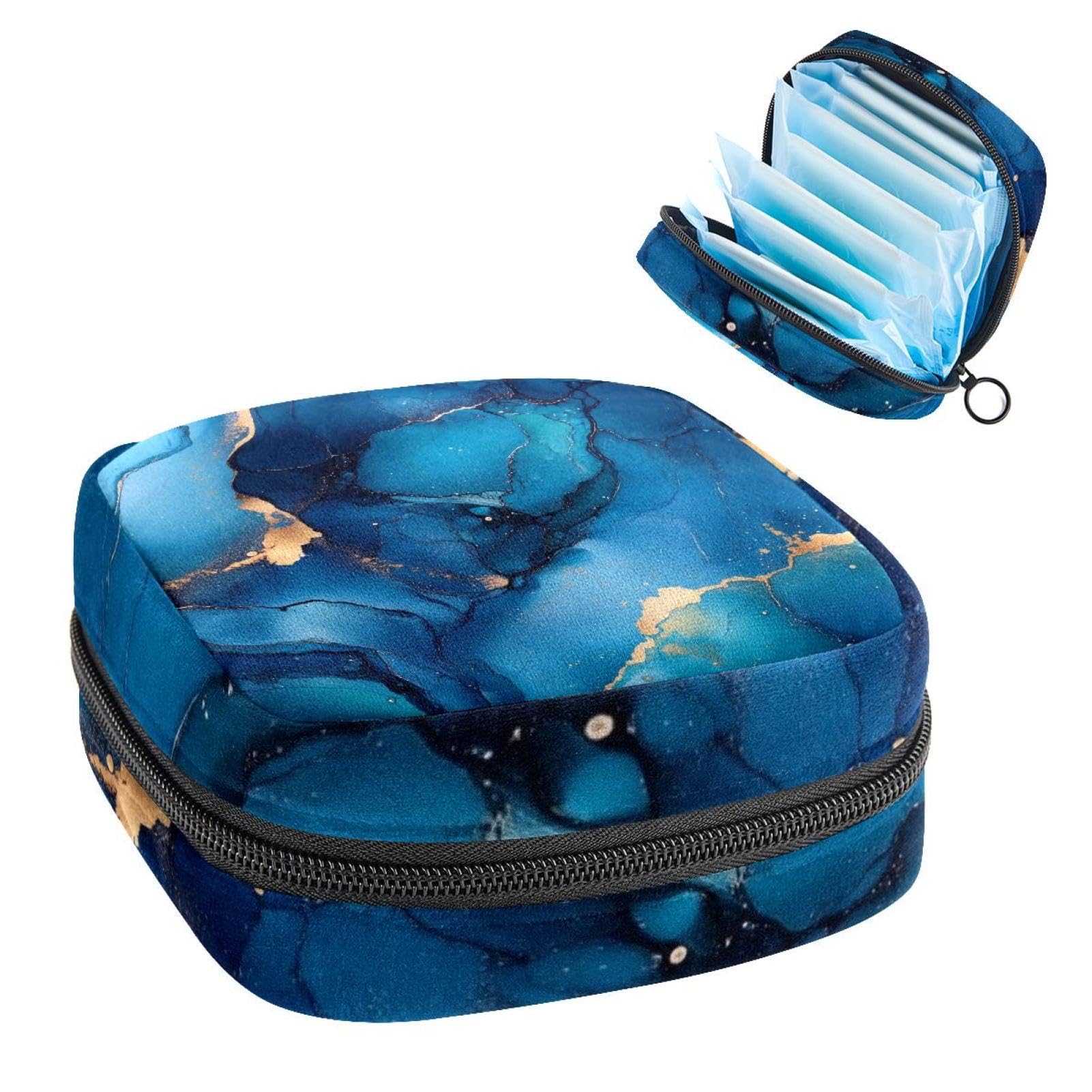 1Pc Period Bag for Women, Menstrual Pad Pouch for School Office, Reusable Sanitary Napkin Storage Bag Portable Feminine Period Kit Bag Art Ink Blue and Gold Colors