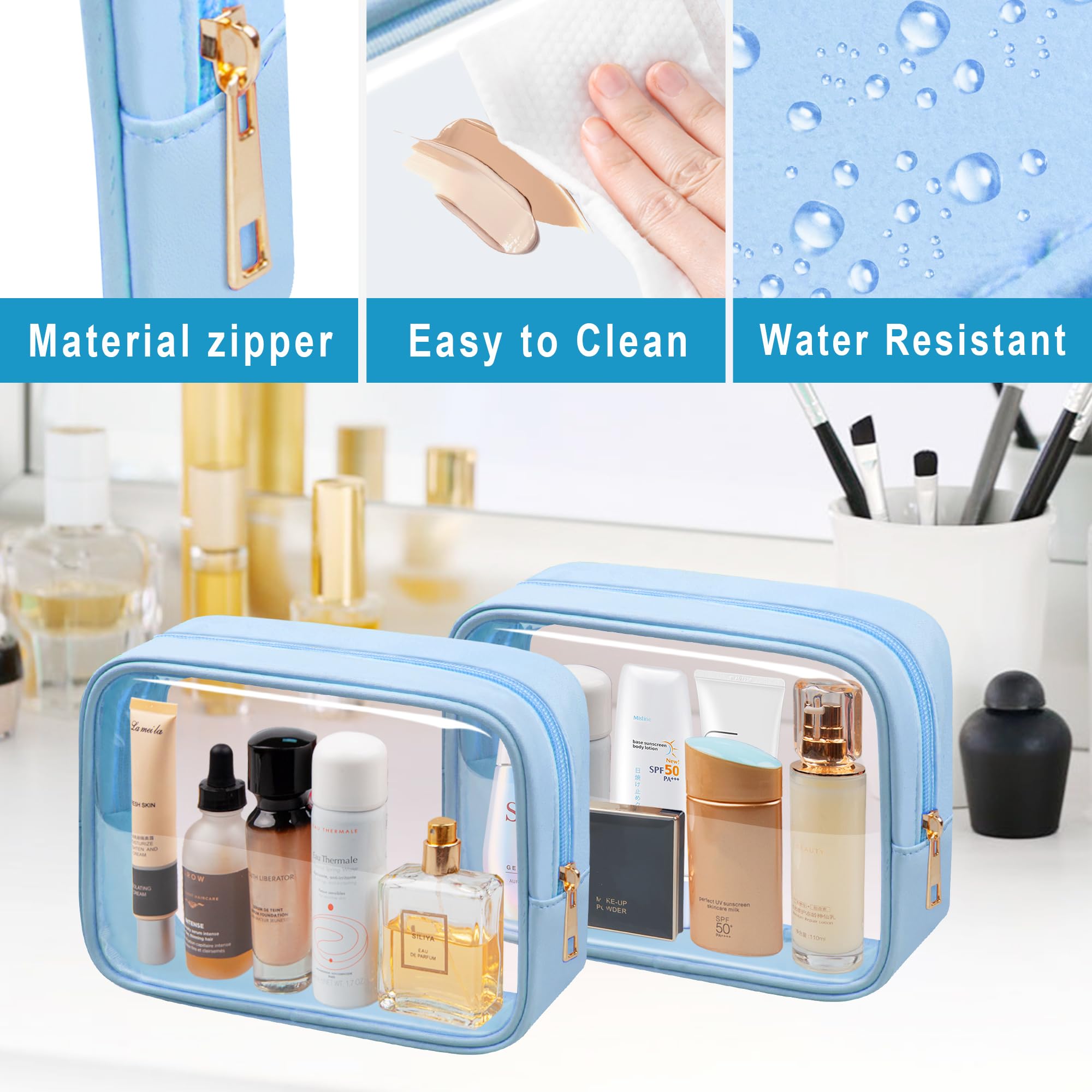 TSA - Neceser transparente para maquillaje y artículos esenciales de viaje, para hombres y mujeres, 2 unidades, Azul